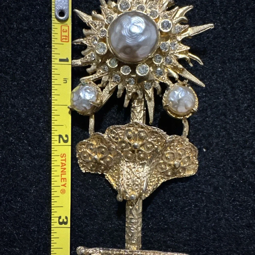 Rare Vintage Frederick Mosell Flower Brooch Large Gold Tone Signed Faux Pearls